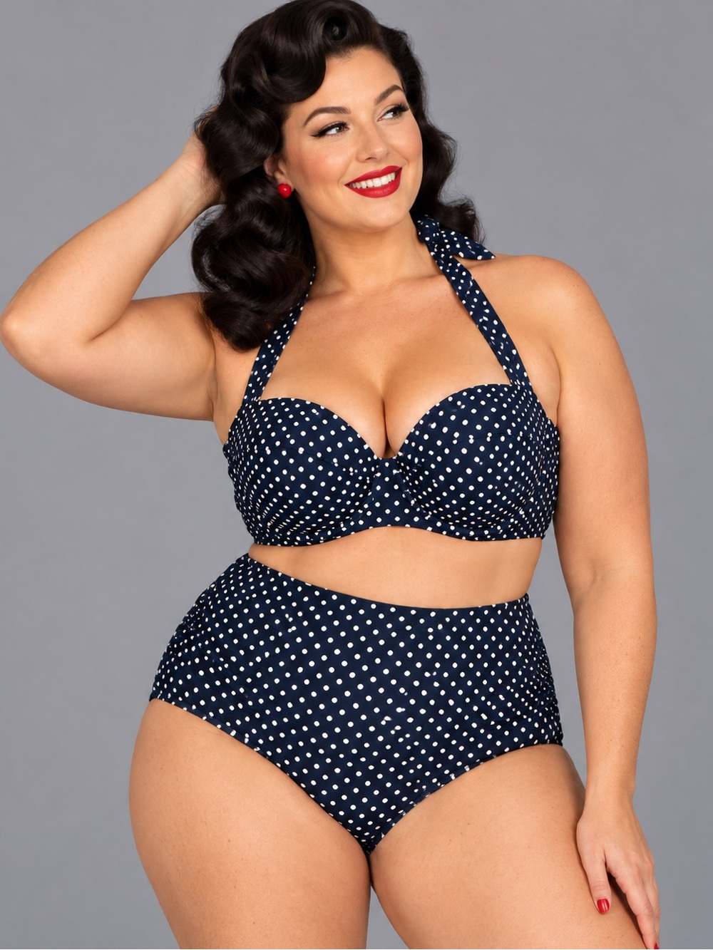 NWOT XL Navy White Polka Dot High Waist Bikini Retro Pin Up Halter